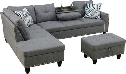 97.5" Oversized Sectional Couch, L Shaped Couch with Storage Ottoman, Modern Modular Sofa with Deep Seat, Sectional Couches for Living Room and Office, Grey (Linen)