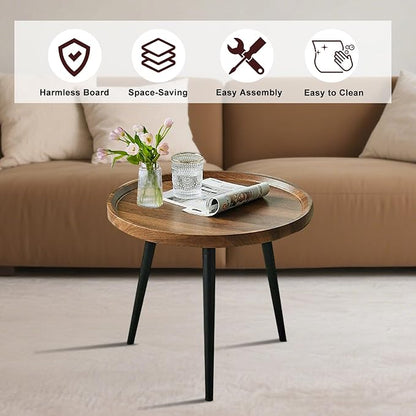 Jessie Small Round Coffee Tables,50x50x48cm Mid Century Modern Nesting Tables,Easy Assembly Circle Walnut Coffee Tables with Non-Slip Feet,Nesting Coffee Table for Living Room Balcony Yard