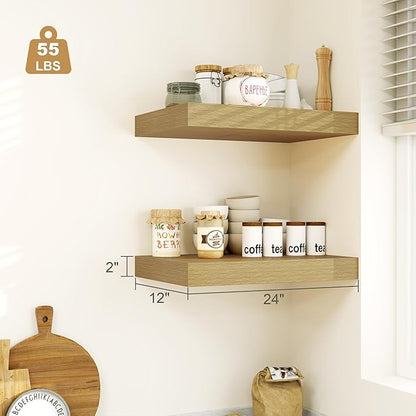 Heimlove Bathroom 12'' Deep Floating Shelves for Wall - Shelf Over Toilet Wall Mounted Farmhouse 24 inches,Rustic Wood Wall Shelves Decor & Storage Set of 1 Oak
