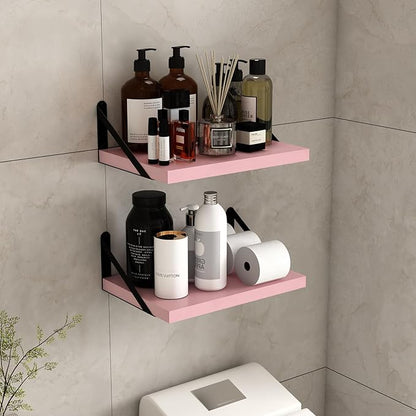 SAUMONIERES Floating Shelves Bookshelf for Bedroom Bathroom Living Room Wood Wall Mounted Wide Deep Storage, Pink Painted Set of 2