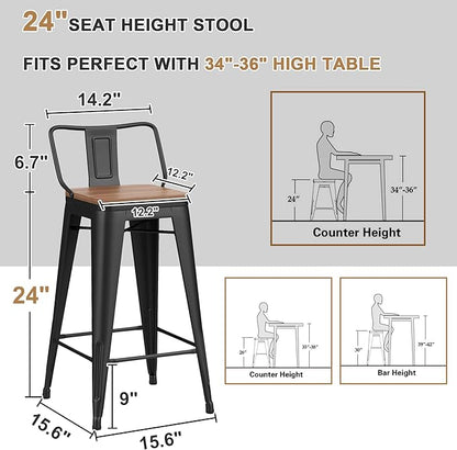 24 Inch Swivel Bar Stools Set of 4 with Backs Counter Height Industrial Metal Barstools Island Bar Chairs for Home Kitchen Dining Room (Swivel 24 inch,Matte Black Wooden)