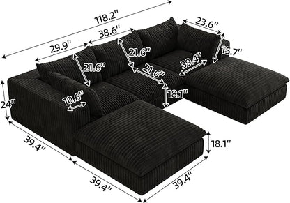 Down Filled Boneless Sectional Sofa Cloud Couch with Movable Ottomans, 118 inch Convertible U Shaped Lounge Couch w/Deep Seat, Fluffy Corduroy Upholstered Compress Modular Sofa
