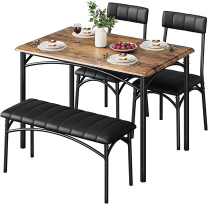 GAOMON Dining Table Set for 4 with Upholstered Bench and 2 Chairs, Rectangular Dining Room Table Set for 4 for Small Space, Apartment, Dinner, Rustic Brown