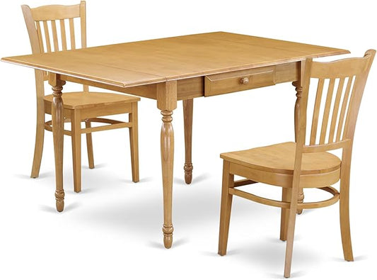 East West Furniture MZGR3-OAK-W 3 Piece Dining Room Furniture Set Contains a Rectangle Dining Table with Dropleaf and 2 Wood Seat Chairs, 36x54 Inch, Oak