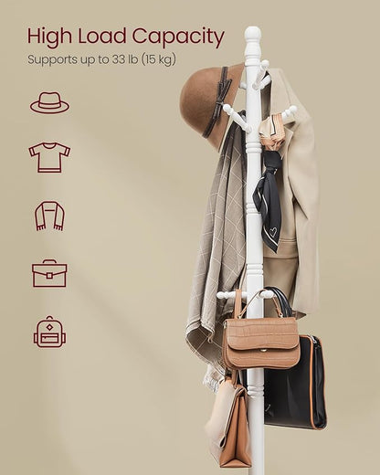 VASAGLE Solid Wood Coat Rack and Stand, Free Standing Hall Coat Tree with 10 Hooks for Hats, Bags, Purses, for Entryway, Hallway, Rubberwood, Cloud White URCR03WT