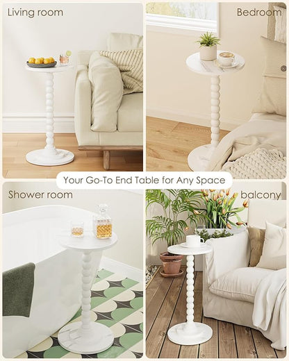 Masupu Round Side Table, Small Drink Table for Small Spaces, Pedestal End Table with Solid Wood Leg for Living Room, Bedroom, Corners(Marble White)