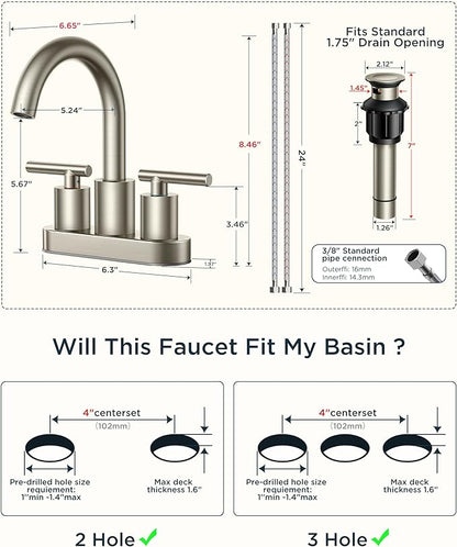FORIOUS Brushed Nickel Bathroom Faucet 2 Hole, 4 Inch Centerset Bathroom Sink Faucet Brushed Nickel with Metal Dain, 24" CUPC Hoses, 360° Swivel Gooseneck for RV Basin