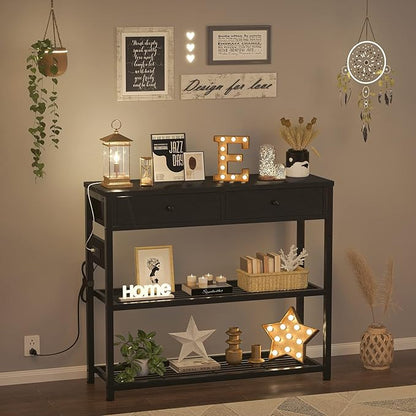 Ecoprsio Entryway Table with Outlets and USB Ports, Console Table with 2 Drawers, Small Sofa Table with Storage Shelves for Living Room, Couch, Hallway, Foyer, Kitchen Counter, 32'', Black