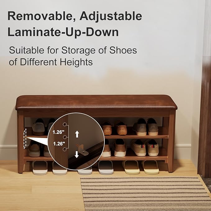 Wood Shoe Rack Bench for Entryway, Shoe Rack for Front Door Entrance with Leather Cushion, 2 Tier Shoe Bench with Shoe Storage for Entryway, Bedroom.
