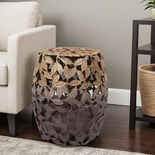 Howard Elliott Olive Leaf Round Side Table & Stool, Unique Bronze Finish Cast Aluminum Bedside Table, Modern Accent Decoration Side End Table for Living Room, Balcony & Bedroom, 17 x 16.25 Inch