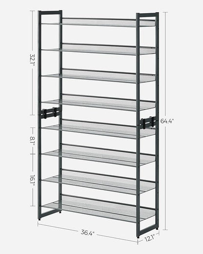 SONGMICS Shoe Rack, 8-Tier Shoe Organizer, Metal Rack for Garage, Set of 2, 4-Tier Stackable Shelf, with Adjustable Flat or Angled Shelves, 32-40 Pairs, Charcoal Gray ULMR08GB
