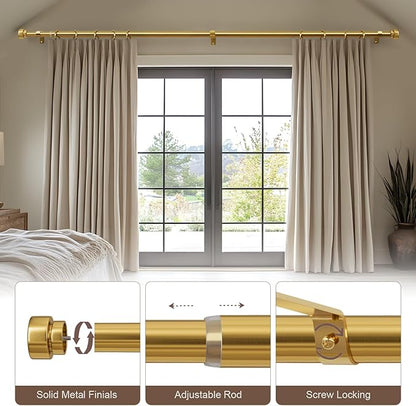 2 Pack Modern Gold Curtain Rods for Windows 66 to 120 Inches Adjustable Heavy Duty 1" Diameter Brass Window Curtain Rod with Solid Metal Finials for Outdoor Farmhouse Bedroom Kitchen Living Room