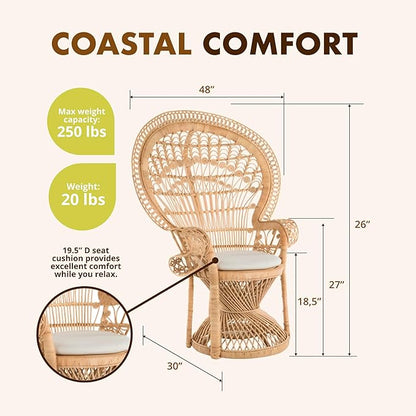 KOUBOO Peacock Grand Peacock Chair, Rattan Chair, Handmade, Accent Chair, Vintage, Retro, Boho, Furniture, Sunroom, Natural