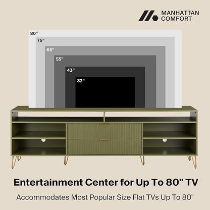 Manhattan Comfort Dumbo Mid Century Modern TV Stand for Televisions up to 80 Inches, Home Entertainment Center with Storage, 6 Shelves, 2 Drawers, No Tool Assembly, 85" Wide, Olive Green