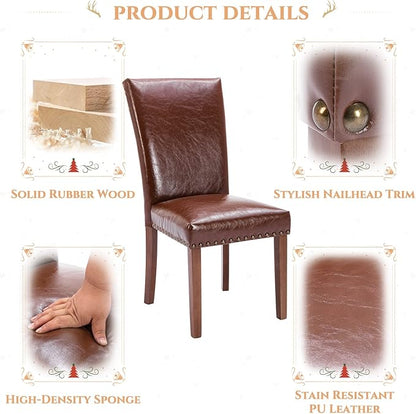Parsons Dining Chairs Set of 4, Upholstered Nailhead PU Leather Dining Room Kitchen Side Chair with Thick Cushions and Wood Legs, Light Brown