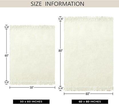 Chenille Throw Blanket for Couch 50"X 60", Soft Cozy Throws with Fringe Tassel for Bed Sofa Chair Cover, Lightweight Knitted Decorative Boho Blankets for Living Room, Ivory White