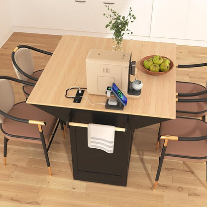 56" Large Kitchen Island with 2 Drop Leafs,Rolling Kitchen Cart on 5 Wheels W/Power Outlet & 3 Drawers,Folding Storage Dining Table W/Spice & Towel Racks,for Kitchen,Dining Room,Black