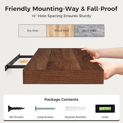 Floating Shelves 36 Inch Long, 12 Inch Deep Floating Shelves for Wall, 36 x 12 Shelves for Wall Storage & Display, 2" Thick Floating Shelf for Bathroom, Living Room, Bedroom, Walnut Color, Set of 2
