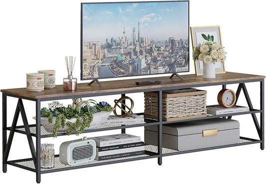 TV Stand for TVs up to 75 Inch, 70" Long Industrial TV Console Table with 3-Tier Storage Shelves, Entertainment Center for Living Room, Bedroom (Rustic Brown)