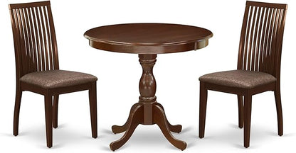 East West Furniture AMIP3-MAH-C 3 Piece Kitchen Table & Chairs Set Contains a Round Dining Room Table with Pedestal and 2 Linen Fabric Upholstered Chairs, 36x36 Inch, Mahogany