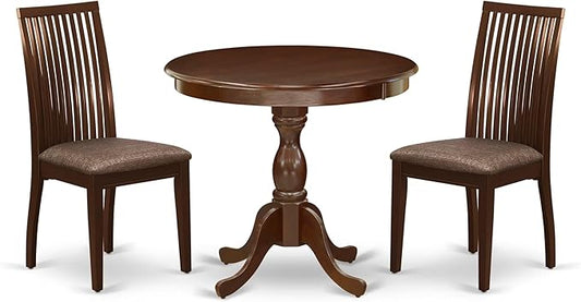 East West Furniture AMIP3-MAH-C 3 Piece Kitchen Table & Chairs Set Contains a Round Dining Room Table with Pedestal and 2 Linen Fabric Upholstered Chairs, 36x36 Inch, Mahogany