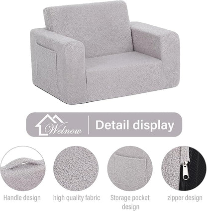 Welnow Toddler Chair, 2-in-1 Soft Sherpa Kids Sofa, Convertible Toddler Couch Lounger, Flip Out Kids Couch Chair with Side Pockets & Removable Cover for Girls and Boys, Grey