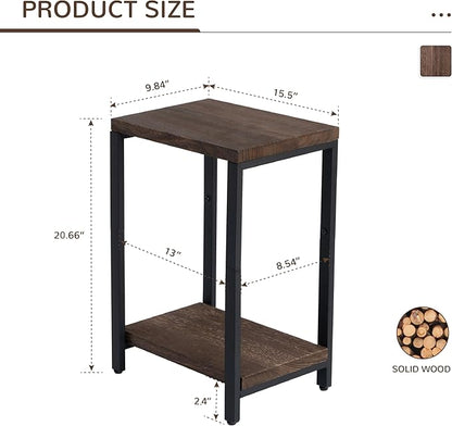 Real Solid Wood End Tables, Side Tables, Small Table with 2-Tier Storage Shelf, Nightstand for Living Room, Bedroom, Office, Bathroom