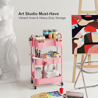 3 Tier Rolling Cart Metal with Wheels & Table Top, Pink Utility Cart with Cups and Hooks, Three Tiered Craft Cart Organizer on Wheels, Storage Carts for Salon, Lash, Hair, Nail, Makeup, Diaper, Book