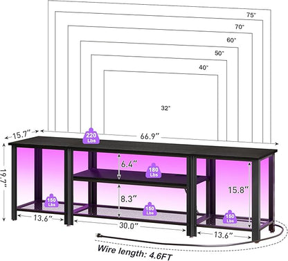 WelFurGeer Industrial Metal TV Stands with RGB LED Lights & Built-in Power Outlets - Modern TV Entertainment Center for Living Room, Open Grid Design TV Console with Storage (Black)