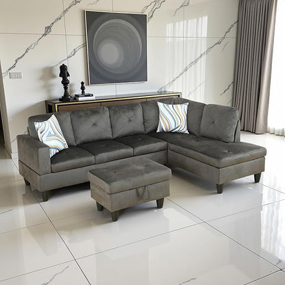 Couches for Living Room Modern L Shaped Couch Comfy Flannel Fabric 3 Pieces Sectional Sofa with Chaise, Ottoman with Storage for Office and Small Apartment, Grey
