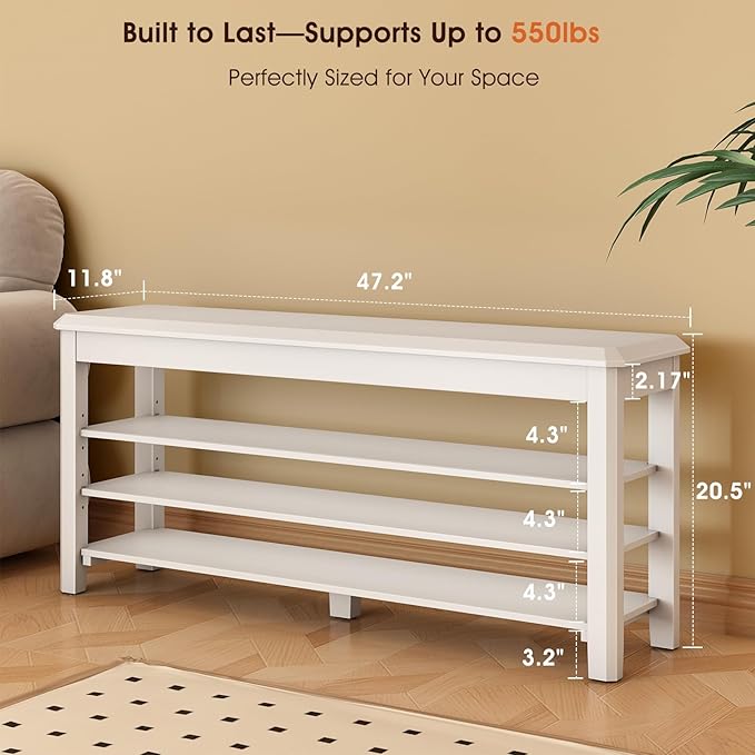 Shoe Rack Bench Seat Rubberwood 3-Tier Wooden Storage Bench 550lbs Compact Mid-Century Modern Design for Entryway, Hallway, Closet, Front Door Entrance, Foyer