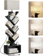 6 Tier Tree Bookshelf with Light, Narrow Bookcase Tower, Tall Floor Standing Book Shelf Organizer with Storage Cabinet for Living Room, Bedroom and Home Office, Black