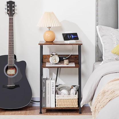 AMHANCIBLE Record Player Stand with Charging Station, Turntable Stand with Storage Cabinet, 3 Tier End Table Hold Up to 100 Albums, Record Table for Vinyl, Living Room, Rustic Brown, HETCD01BR-1