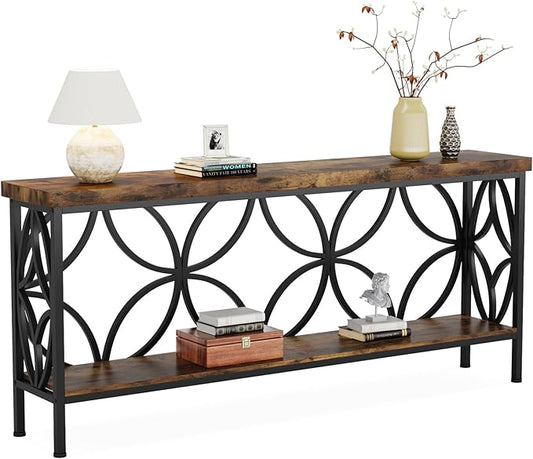 LITTLE TREE Sofa Table, 70.9 Inch Industrial Behind Couch Table with Storage Shelves, Narrow Long Console Table for Entryway, Living Room, Foyer, Hallway, Office