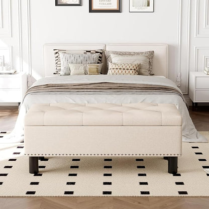 Furniliving 42” Ottoman Bench with Storage, Folding Storage Ottoman Benches with Wood Legs, Upholstered Bedroom Bench with Button-Tufted, Entryway Bench for Bedroom, Linen, Beige