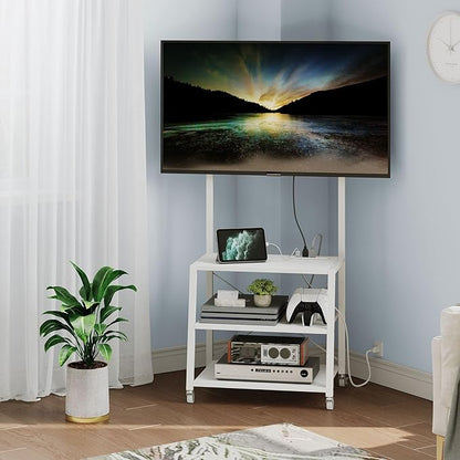 HOOBRO Rolling TV Stand with Mount and Power Outlet Up to 55 inch TV, Corner Entertainment Center, Small TV Stand with 3-Tier Storage Shelves for Living Room, Bedroom, White WW66UDS01