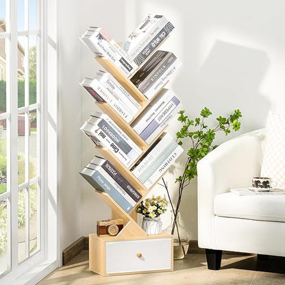 8 Tier Tree Bookshelf with Drawer, Free Standing Wood Bookcase for Narrow Space, Storage Organizer Bookshelves for Books, Book Case for Home Office, Living Room, Bedroom - Natural