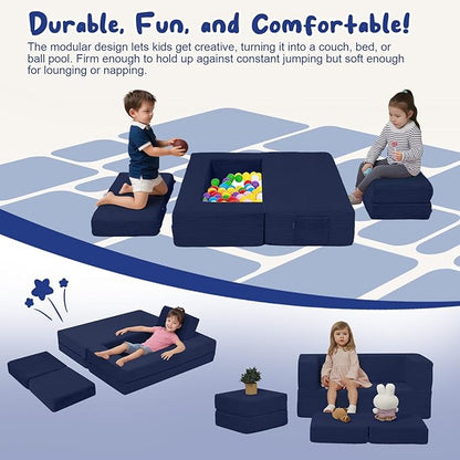 MeMoreCool Modular Kids Couch, Corduroy Play Toddler Couch for Bedroom Playroom Furniture, Convertible Foam Kids Sofa Bed, Fold Out Baby Sofa for Girl Boy, Navy