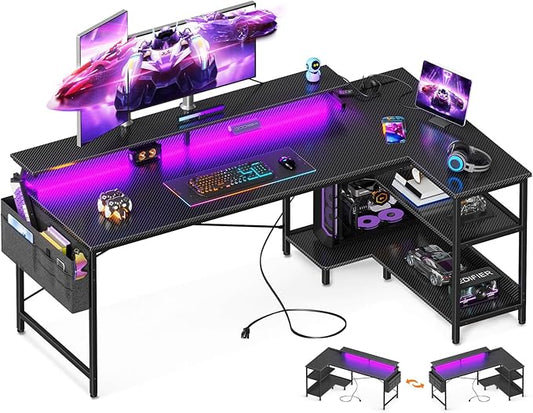 ODK 66 Inch Gaming Desk with USB Charging Ports and LED Lights, Reversible L Shaped Computer Desk with Storage Shelves & Monitor Stand, Corner Gamer Desk Table with Power Outlets, Carbon Fiber Black