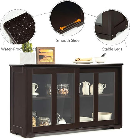 Costzon Sideboard Buffet Cabinet, Wooden Kitchen Storage Cabinet with Adjustable Shelf, Sliding Glass Doors, Accent Coffee Bar Cabinet Console Table for Living Room, Dining Room, Hallway (Coffee)