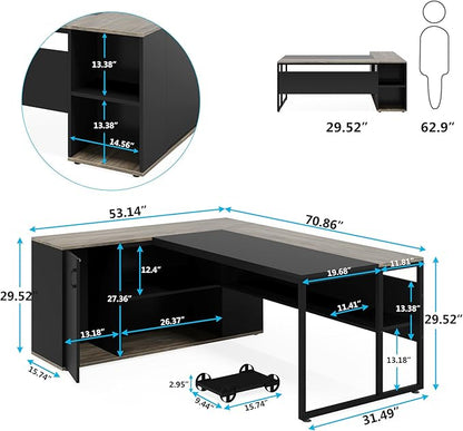 Tribesigns 71 inch Executive Desk, L Shaped Desk with Cabinet Storage, Executive Office Table with Shelves, Business Furniture Set Workstation for Home Office, Gray