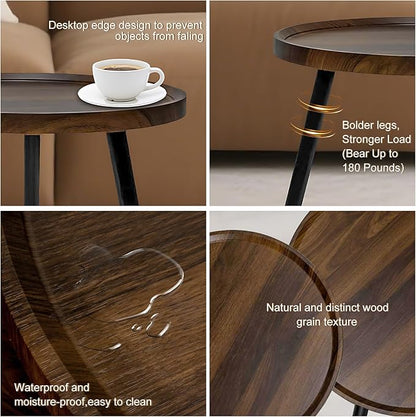 Jessie 2 Pcs Small Round Coffee Tables,Mid Century Modern Nesting Tables,Easy Assembly Circle Walnut Coffee Tables with Non-Slip Feet,Wood Grain Top Nesting Coffee Table for Living Room Balcony Yard