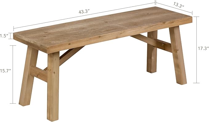 Sawmill Long Wood Bench, 43" Farmhouse Entryway Bench for Living Dining Room, Rustic Entry Way Benches Seat, Solid Wood, Handcraft Finshed, Natural