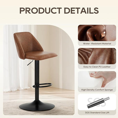 COLAMY Bar Stools Set of 6, Modern Swivel Bar Chairs, Adjustable PU Leather Upholstered Barstools Counter Height with Full Backrest for Bar, Dining Room, Kitchen Island, Brown