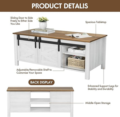 YESHOMY Coffee Table with Sliding Barn Doors & Storage, Wooden Center Rectangular Cabinet with Adjustable Shelves, for Livingroom, Bedroom, Home Office, White