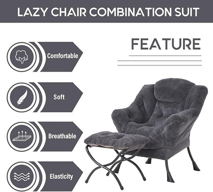 LITA Lazy Chair with Ottoman, Modern Accent Leisure Upholstered Sofa Chair, Lounge Reading Chair with Armrests and a Side Pocket for Living Room, Bedroom & Small Space, Plush Navy