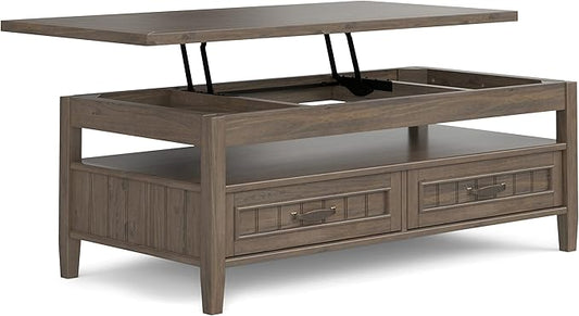SIMPLIHOME Lev Lift Top Coffee Table - 48 inch Wide Solid Wood Rectangle Living Room Table in Smoky Brown, Transitional Cocktail Table for Family Room with Hidden Storage and Open Shelf