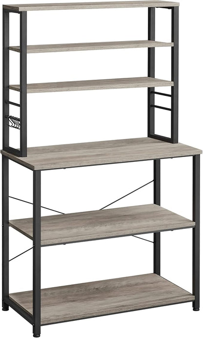 VASAGLE Coffee Bar, 31.5 Inches Baker's Rack for Kitchen with Storage, 6-Tier Kitchen Shelves with 6 Hooks, Microwave Stand, Industrial, Greige and Black UKKS019B02