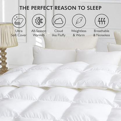 Luxurious White Solid Medium Weight, Oversize California King Size Goose Feathers Down Comforter for All-Season, 108 X 98 inches, Premium Baffle Box, 100% Egyptian Cotton Cover, 80 oz. Fill Weight