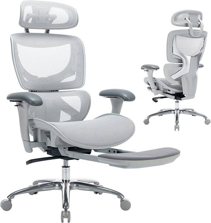 COLAMY Ergonomic Mesh Office Chair with Footrest, Executive High Back Computer Desk Chair with Wide Headrest and Adjustable 3D Arms, Backrest Height, Tilt Lock and Lumbar Support, Grey